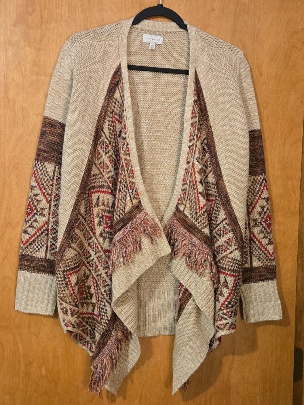 Lucky Brand Medium Open Front Draped Cardigan Sweater Fringe Boho Cabincore